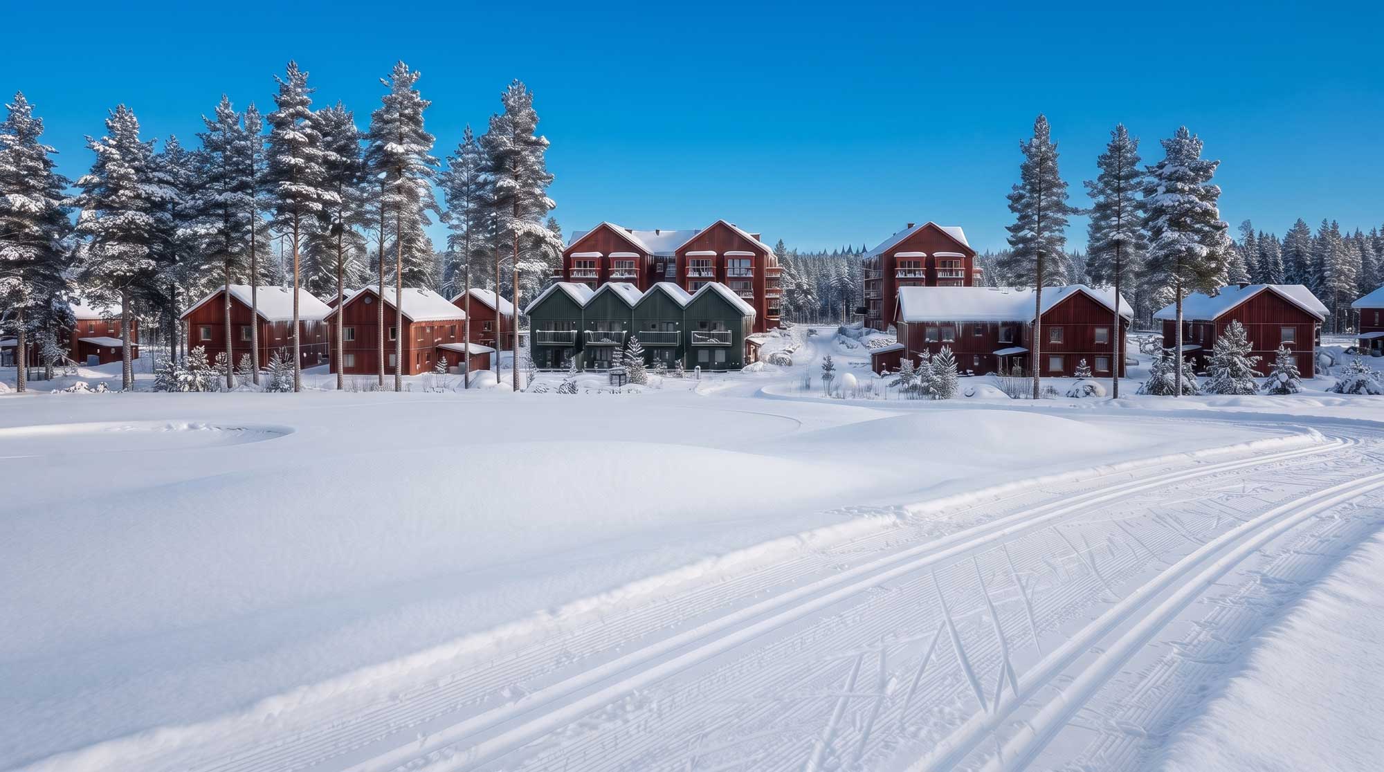 Vintervy över Sandnässkogen med snötäckta hus och skidspår